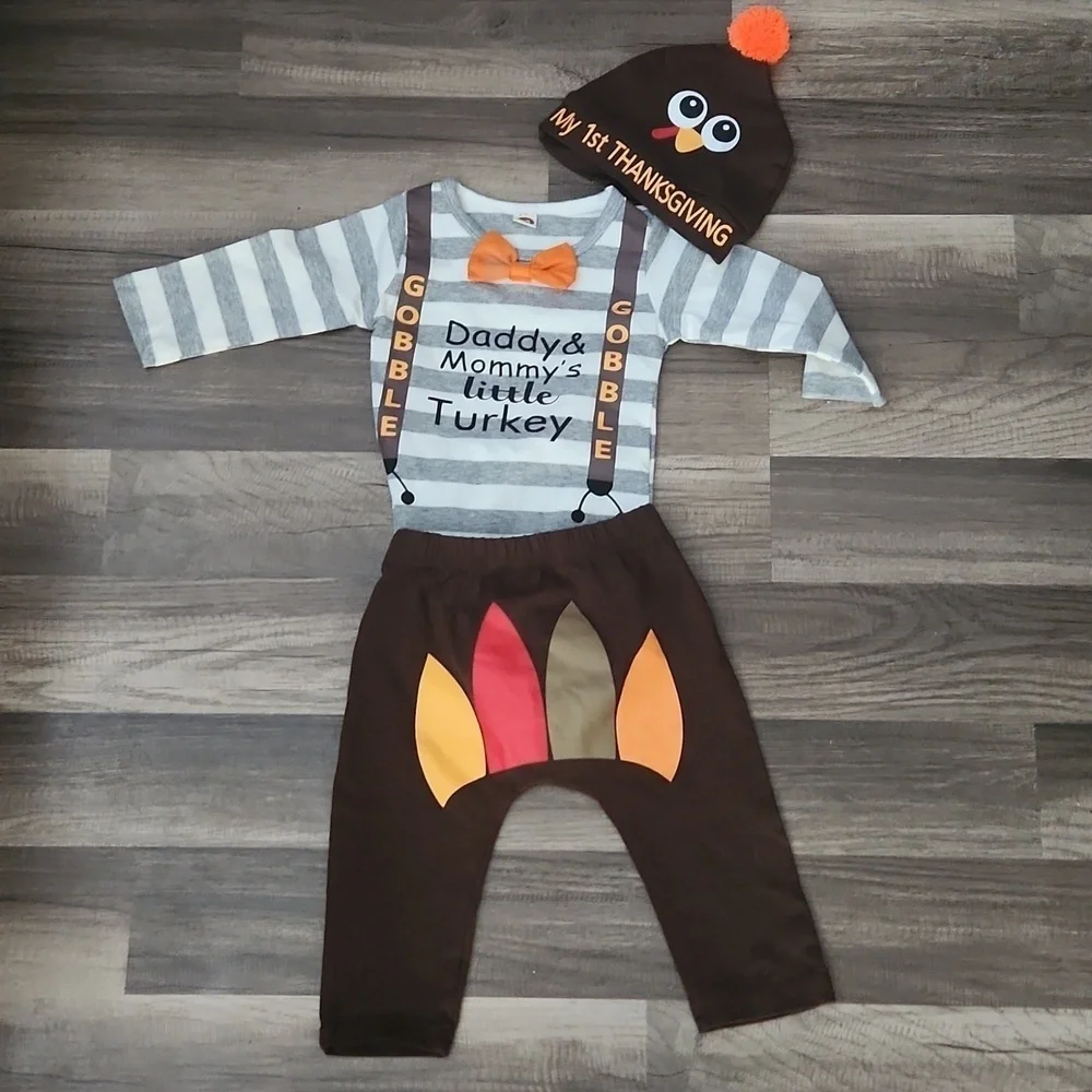 My First Thanksgiving Baby Boy Turkey Outfit Size 6-12mo /70 New